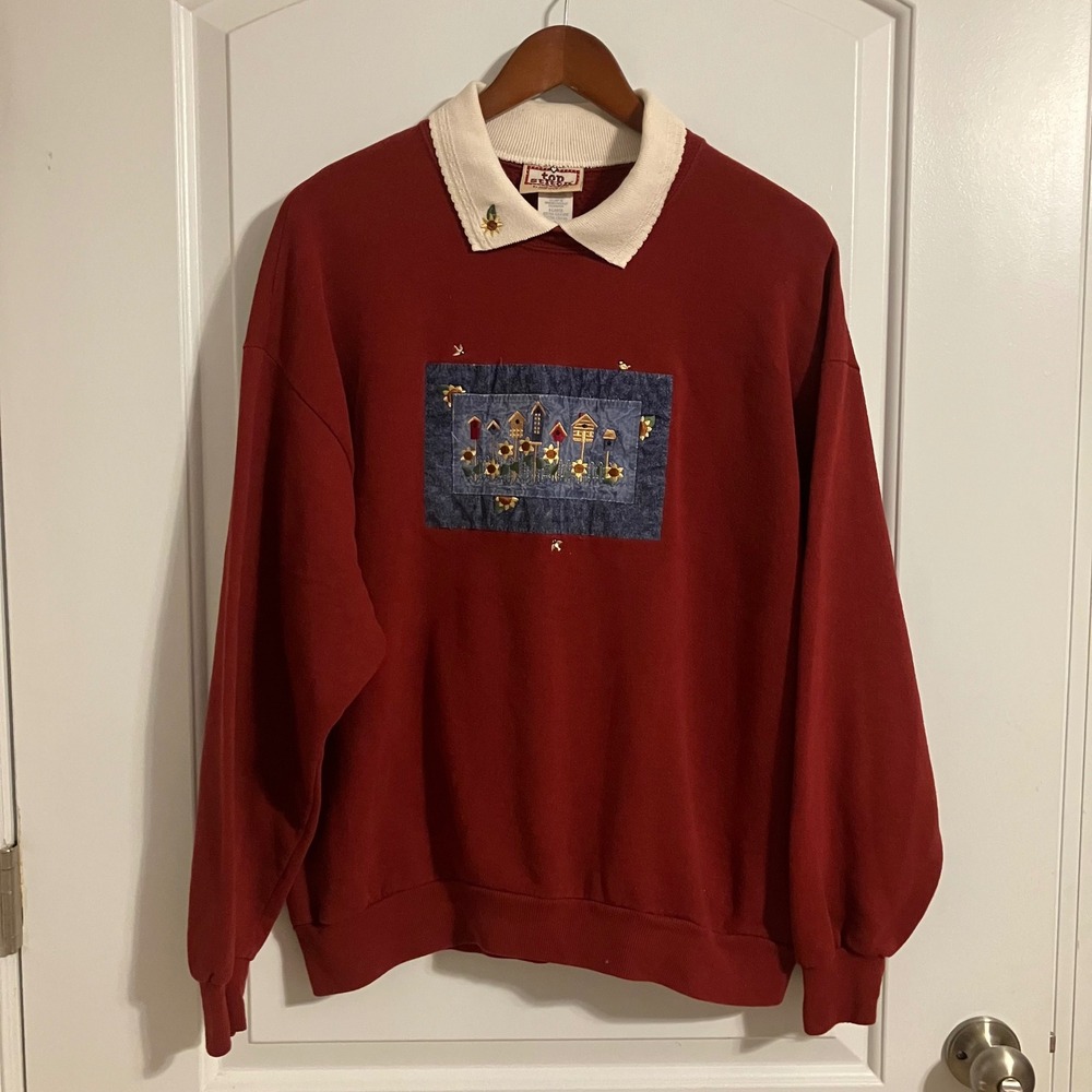 Vintage Top Stitch Morning Sun Birdhouse Sunflower Double Collar Sweatshirt XL